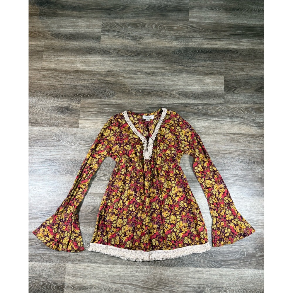 Decree Boho Floral Tunic Top Bell Sleeve Crochet Lace Trim Burgundy Yellow Med